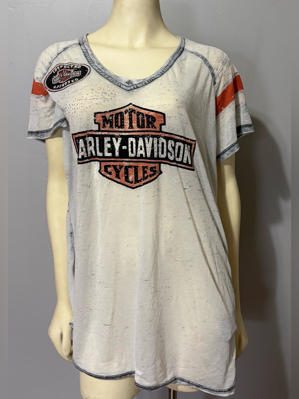 Harley Davidson Women’s V-neck Distressed Burnout Rhinestone Shirt Sz XL